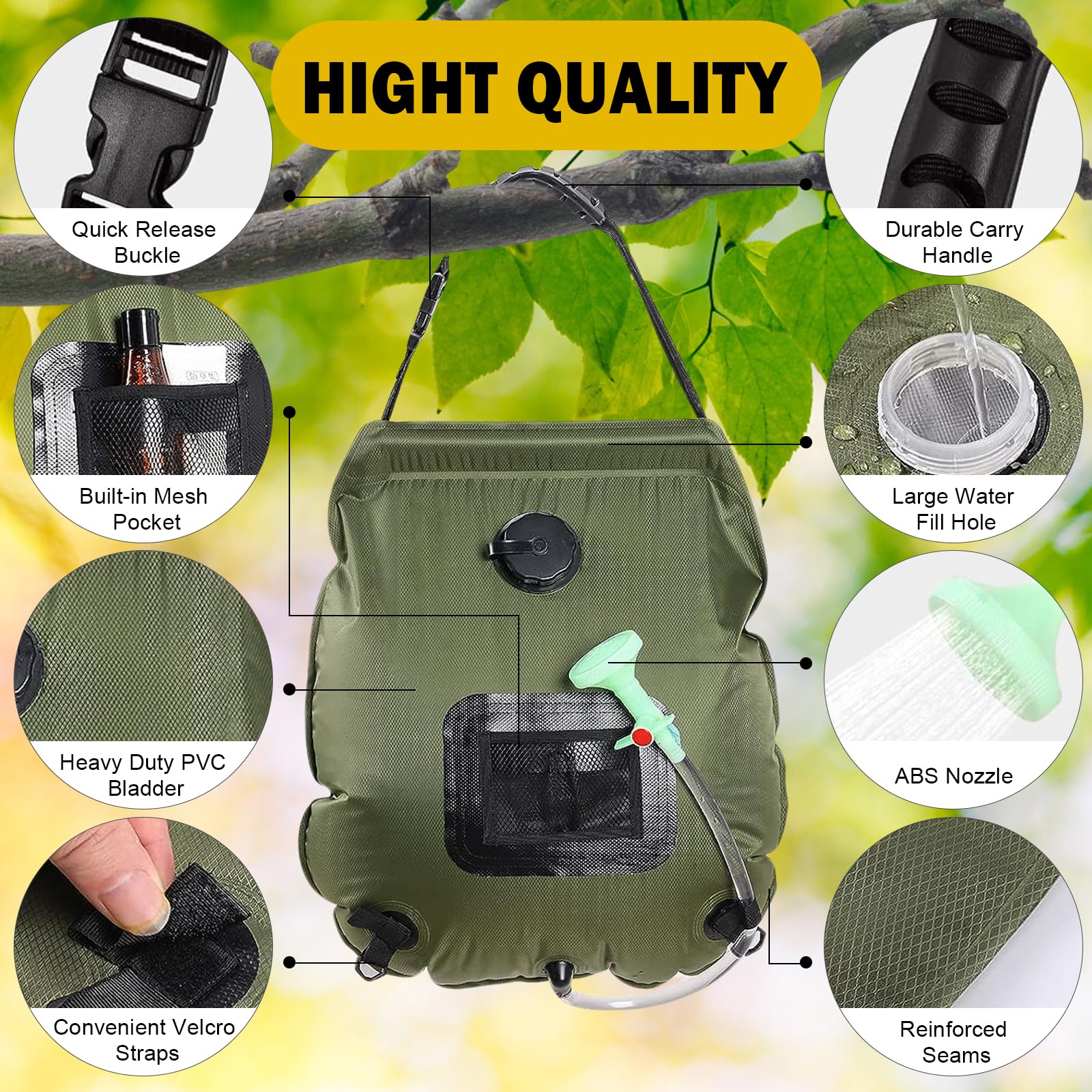 KIPIDA Solar Shower Bag | 5 Gal/20L Solar Heating Camping Shower Bag | Removable Hose | On-Off