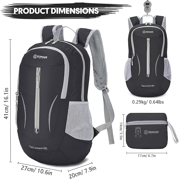 ZOMAKE Ultra Lightweight Packable Backpack 25L, Foldable Hiking Backpacks Water Resistant Small Folding Daypack for Trave(Signal black)
