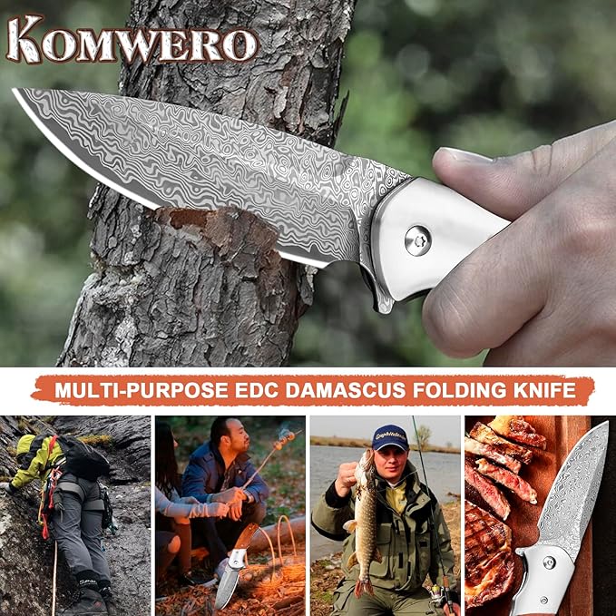 KOMWERO Damascus Pocket Knife with Clip for Men, VG10 Damascus Steel Folding Knives, EDC Damascus Knife with Leather Sheath Wooden Handle for Camping Collection