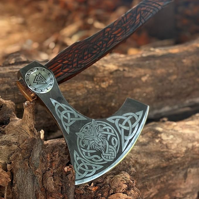 [MDM King Tools] Custom Handmade Viking Axe Medieval Ax with Viking Gift, Hand Axes, Viking Gifts for Men, Camping Tomahawk, Bearded, Ragnar Axe with Leather Sheath (Viking Ax)