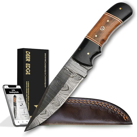 8.5" Handmade Damascus Steel Fixed Blade Skinning Hunting Knife with Leather Sheath - Best for Outdoor Camping, Skinner, Deer, Fishing, Hiking - EDC Survival Knives for Men Ideal Gift for Hunters