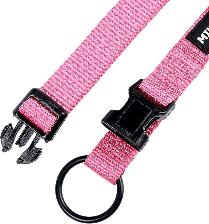 Mile High Life Dog Collar, Nylon Reflective Dog Collars w Pull D-Ring, Light Weight Adjustable Puppy Collars, Dog Collars for Medium Dogs(Pink, Medium)