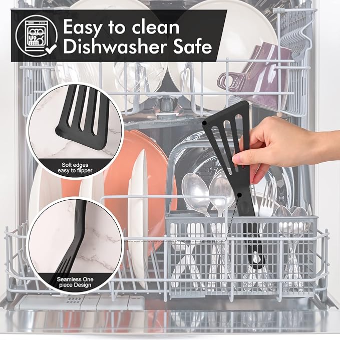 HOTEC 600??Heat Resistant Silicone Slotted Fish Turner Spatula Set, BPA Free Flipper Cooking Spatulas, for Non Stick Cookware Dishwasher Safe, Black