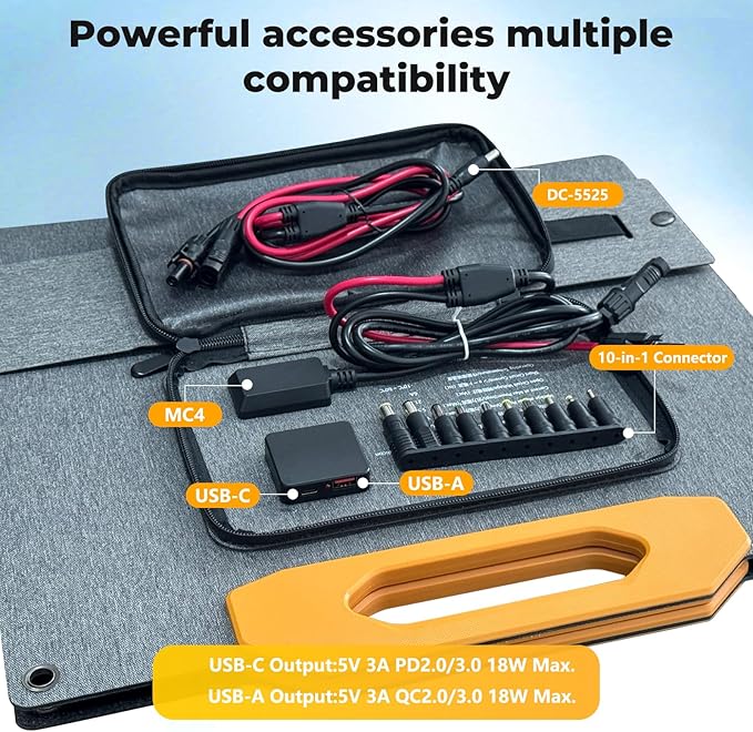100W Foldable Solar Panel Charger, 18V Monocrystalline with USB-C & USB-A (18W Max), 10-in-1 DC/MC4 Outputs, IP67 Waterproof, ETFE High-Efficiency for RV, Camping, Van, Power Station