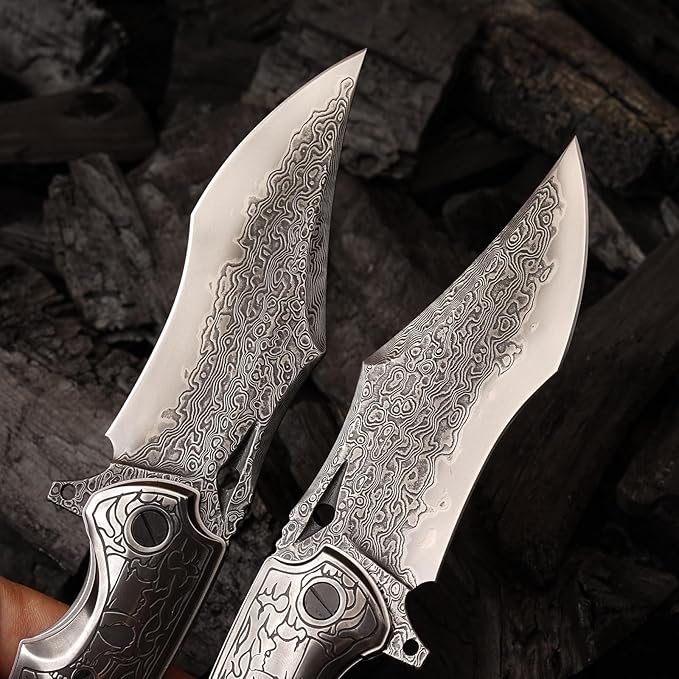 Damascus pocket knife clip leather sheath, VG10 core folding knife, portable EDC clip, outdoor survival camping bone handle