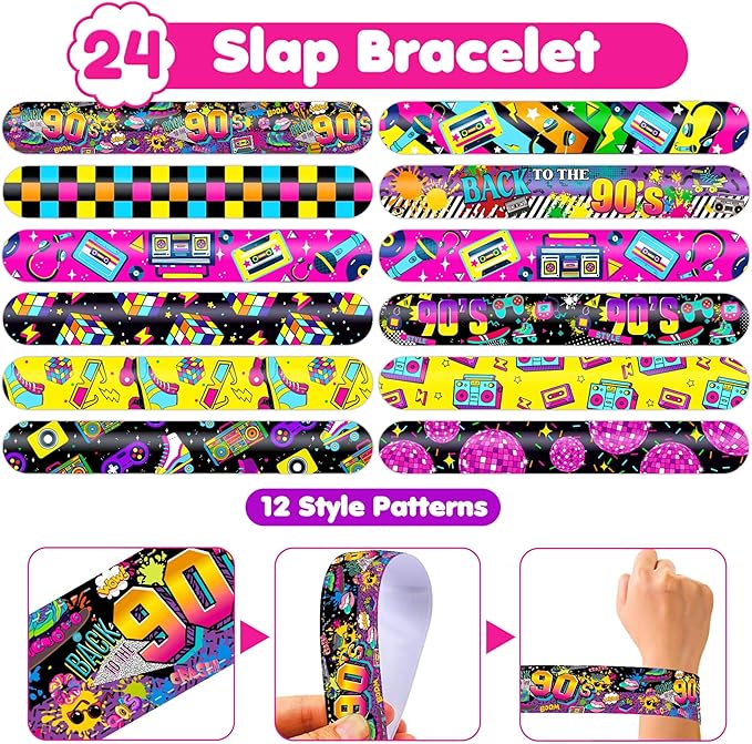72PCS 90s & 80s Party Favors - 48PCS Pre-Cut Tattoos & 24PCS Slap Bracelets, Retro 90s Birthday Party Supplies Decorations, Ideal for Kids’ Classroom Prizes & Rewards for Boys & Girls