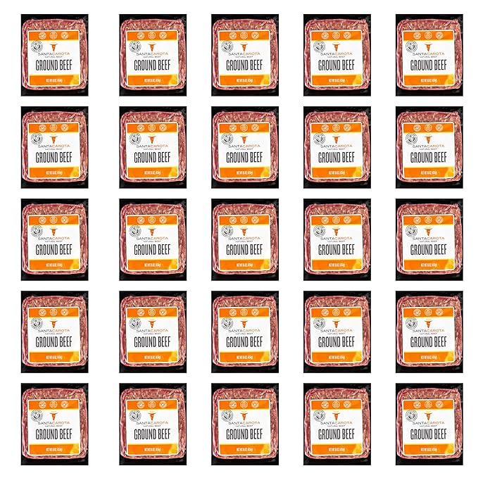 Santa Carota Grass Fed Ground Beef 80% Lean / 20% Fat, Carrot-Finished, Grass-Raised, Bulk Hamburger Meat | Perfect for Burgers, Family Pack Frozen Food (25-1lb packages)