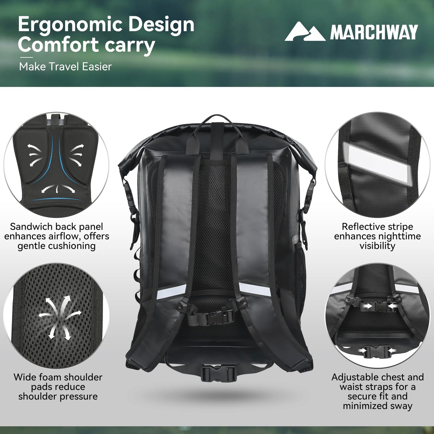 MARCHWAY Roll Top Waterproof Backpack, Floating Dry Bag 20L/30L/45L with Ergonomic Rectangular