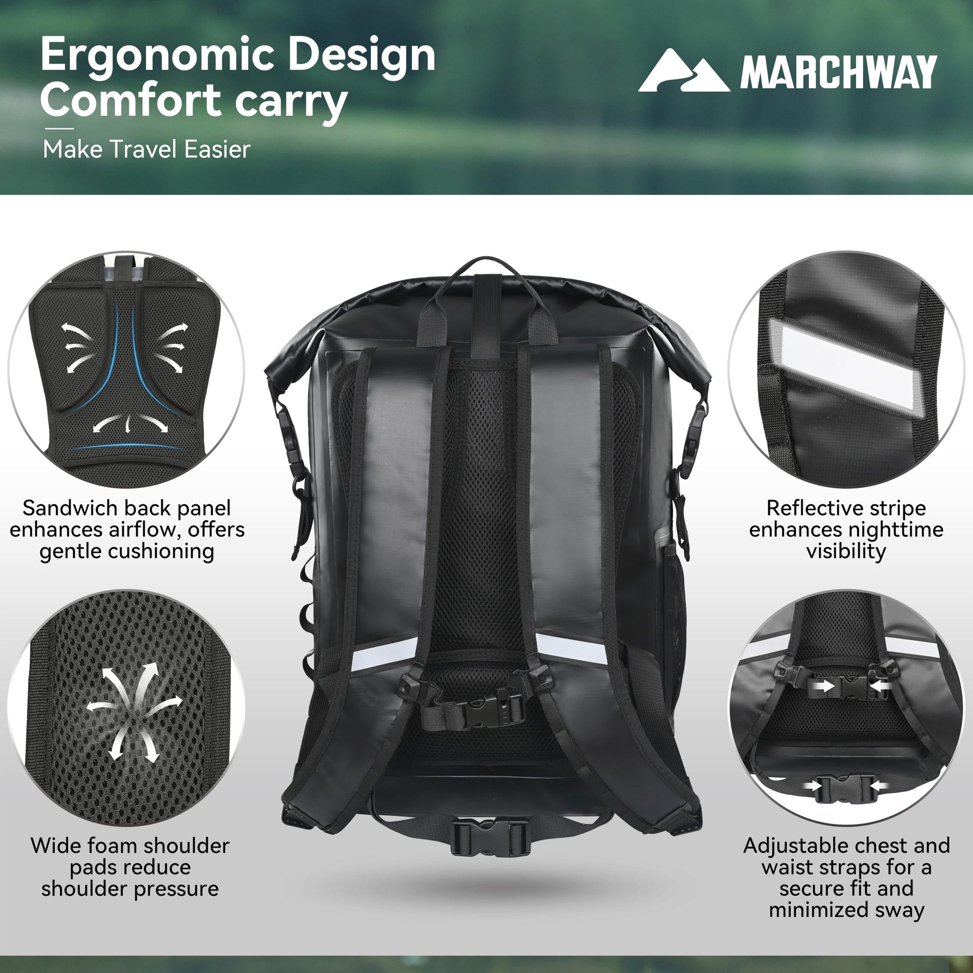 MARCHWAY Roll Top Waterproof Backpack, Floating Dry Bag 20L/30L/45L with Ergonomic Rectangular