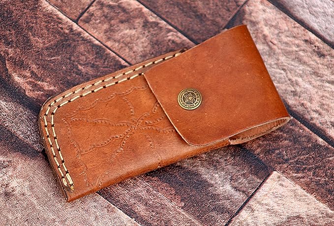 9" long back lock Folding Knife, 2 tone Red wood Scale with Engraved steel bolster, custom made 4" Hand Forged Damascus steel blade, Cow hide leather sheath with belt loop (Red)