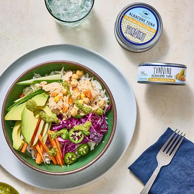 Tonnino Tuna Fish Albacore - Premium chunk in water with Chickpeas, Corn & Carrots - Pack of 12 ??Alternative to Salmon ??Protein Snacks ??Ready to Eat Meals in Can
