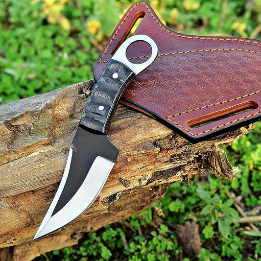 Bushcraft Survival Knife 1095 Steel Fixed Blade outdoor - Pakka Wood Handle - Pancake Leather Sheath - Traditional Field for Camping Fishing, Hunting Men & Wome EDC Knife to Carry on Belt (BLACK)
