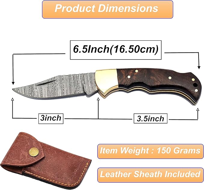 6.5" Handmade Damascus Steel Folding Hunting Knives For Men, Pocket Knife For Camping, Survival, Skinning And Outdoor Activities With Leather Sheath. (Rosewood)