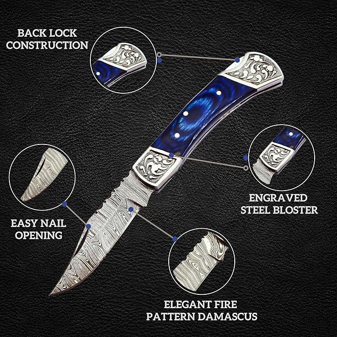 Handmade Damascus Pocket Knife for Men - 7.2 Inches Engraved Steel Damascus Folding Pocket Knife with Belt Holster - Pocket Knives & Folding Knives with Sheath & Back Lock - EDC Knife Pocket.(Blue)