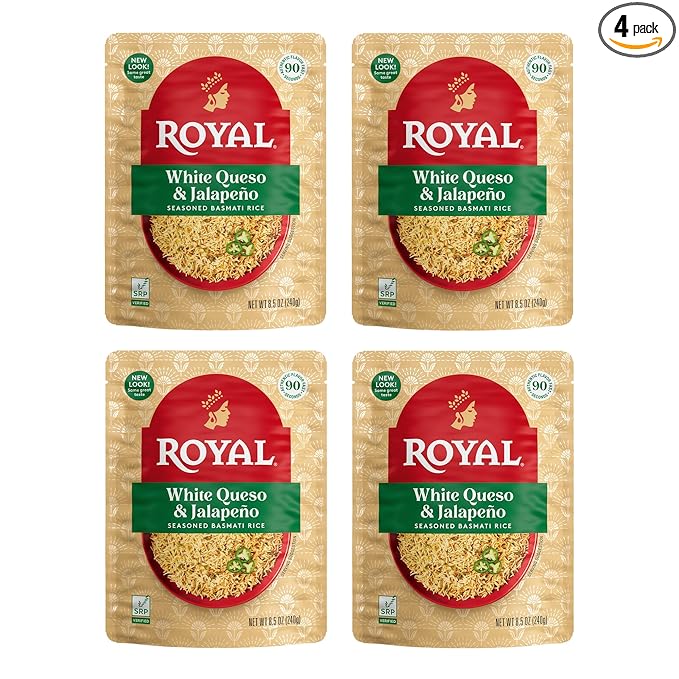 Royal White Queso & Jalapeno Basmati Rice - Ready to Heat Basmati Rice - (4 Pack) 8.5 oz Microwaveable Pouch