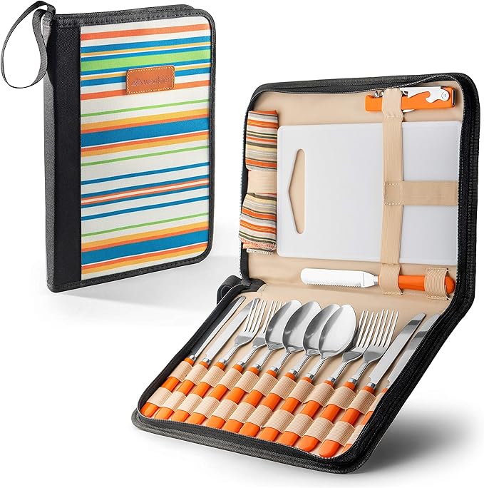 Camping Silverware Kit Cutlery Organizer Utensil Picnic Set 12 Piece Mess Kit - Stainless Steel Spoon Butter & Serrated Knife Wine Opener Fork Napkin Hiking Camp Kitchen BBQ?™s (4 Person 20 Piece Set)
