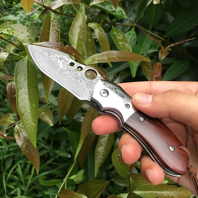 ALBATROSS Premium Damascus Steel Folding Pocket Knife with Liner Lock - EDC Knife with Sandalwood Handle - Perfect for Outdoor, Hunting, Survival & Gift Collection - HGDK007