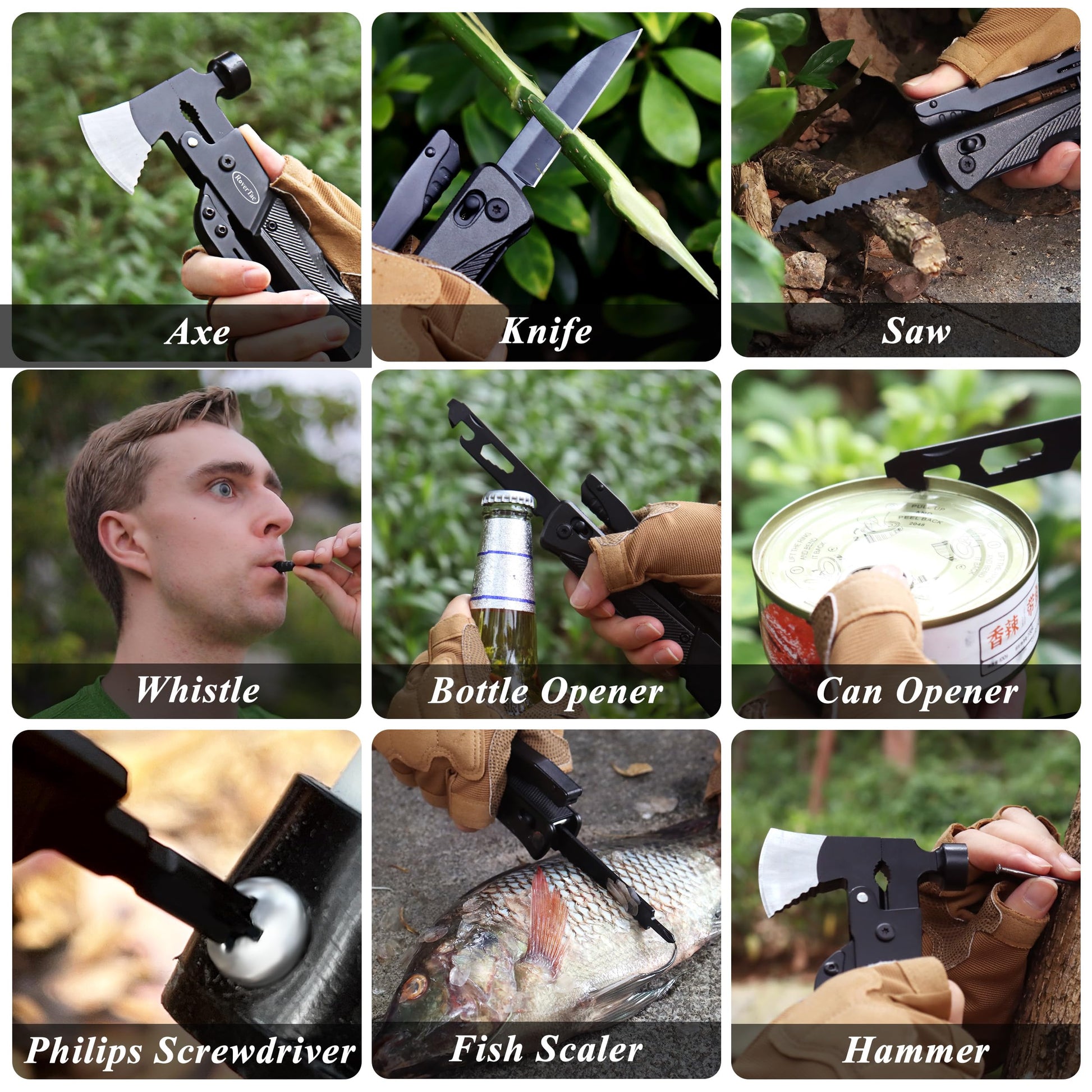 RoverTac 19-in-1 Multi-Tool Axe with Knife, Hammer, Saw, Screwdrivers, Bottle Opener, Nylon Sheath