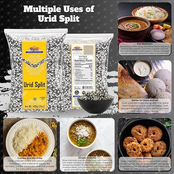 Rani Urid/Urad Split Chilka (Split Matpe Beans with Skin) Indian Lentils 14oz (400g) ~ All Natural | Gluten Friendly | Non-GMO | Kosher | Vegan | Indian Origin