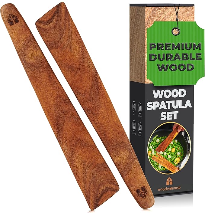 Wooden Spatula for Cooking ??12 Inch Teak Spatula Turner & Flipper for Cast Iron, Flat Egg & Pancake Scraper ??Set of 2 Utensils by Woodenhouse