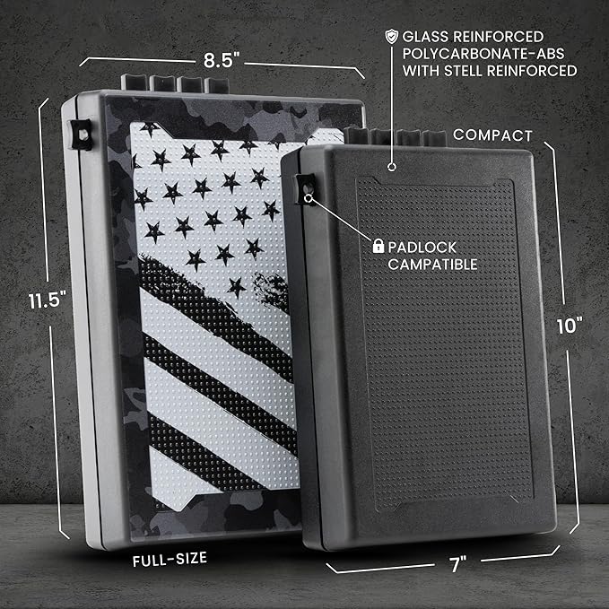 STOPBOX Gun Safe Alternative - Tactical Handgun Storage, Instant Access Portable Gun Case, TSA Compliant Gun Lock Box for Quick Handgun Access | FLAG CAMO + BLACK (2 Pack) | Full + Compact