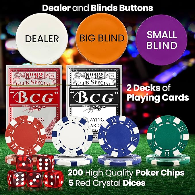 SereneLife Poker Chip Set for Texas Holdem, Blackjack Gambling- 11.5 Gram Casino Chips Set W/Aluminum Case, Playing Cards, Button, Dice- 200 PCS