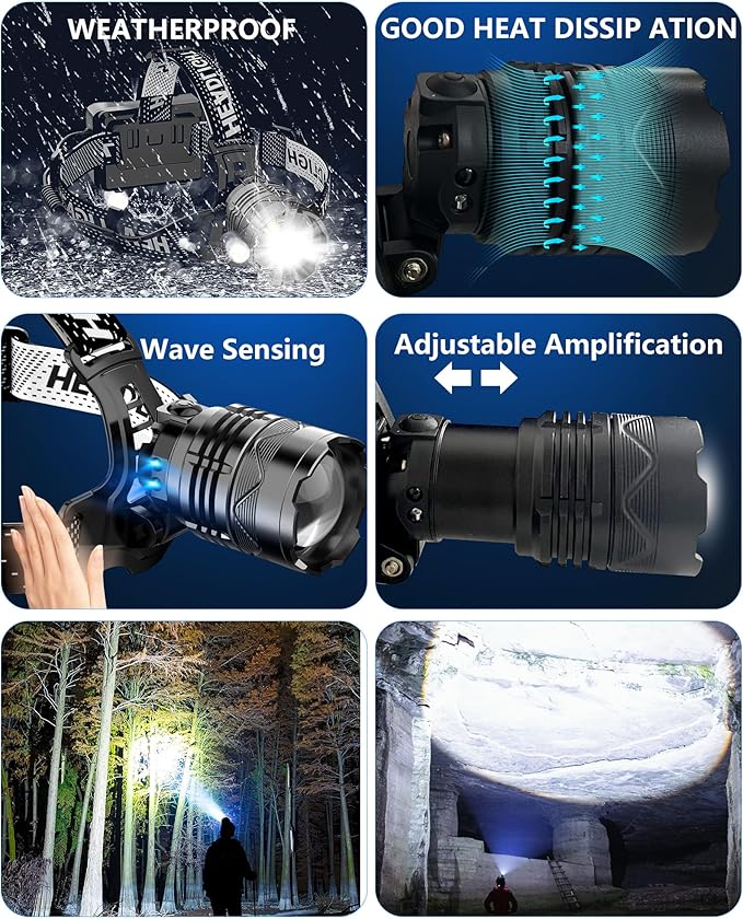 Rechargeable Headlamp, 100,000LM Bright HeadLamp, 40H Runtime Weatherproof LED Headlight, 90° Adjustable Zoom Headlights for Forehead, Hiking Camping Headlamps for Adults