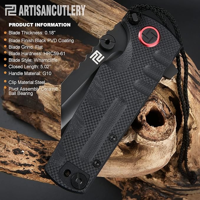 ARTISANCUTLERY Tactical Knife Proponent Normal Size(1820P) D2 Steel Black PVD Blade, Folding Pocket Knife with G10 Handle, Black