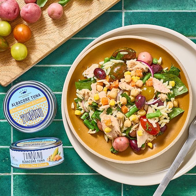 Tonnino Tuna Fish Albacore - Premium chunk in water with Chickpeas, Corn & Carrots - Pack of 12 ??Alternative to Salmon ??Protein Snacks ??Ready to Eat Meals in Can