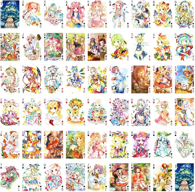 Kawaii Anime Girls Playing Cards (Poker Deck 54 Cards All Different) Cute Watercolor Japan Manga Anime