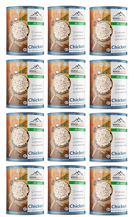 MOUNTAIN ESSENTIALS Fully Cooked Canned Chicken 28 Oz – White Meat for Daily Meals, Camping & Emergency Food – Great for Snack, Lunch, Dinner Recipes – 5-Year Shelf Life – Made in USA – Pack of 12
