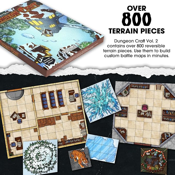 DUNGEON CRAFT Volume 2 Game, Hundreds of Terrain Pieces, DND Starter Kit, Double-Sided & Water-Resistant, Portable 1 Inch Grid Overlay, Works with Wet Dry Erasers