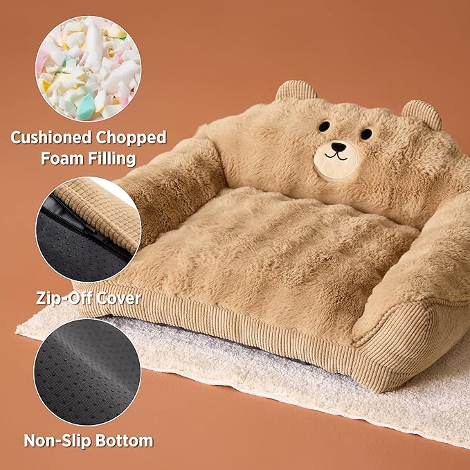 LE SURE Cute Cat Couch for Pets - Fluffy Original Bear Design Cat Beds for Indoor Cats, Fuzzy Cats Sofa with Removable Washable Cover, Supportive Pet Chair, 24inch, Almond