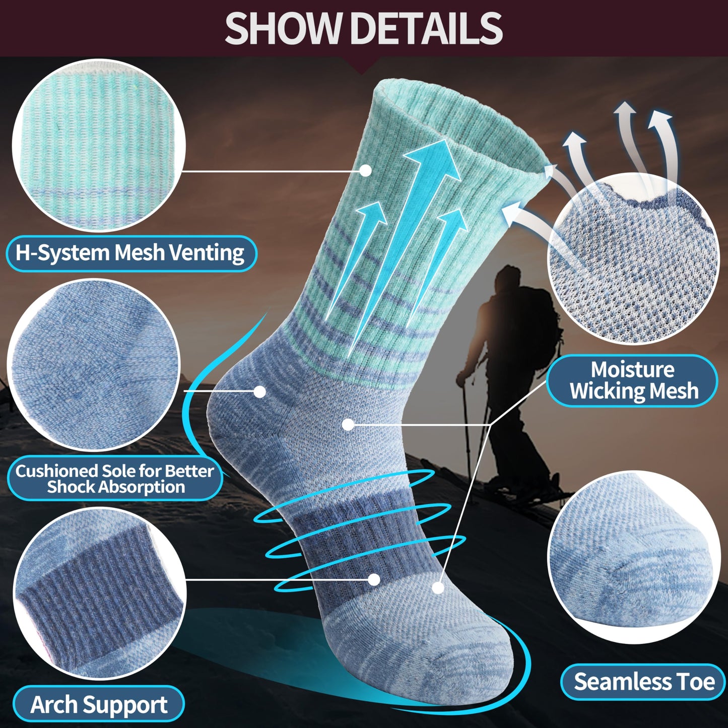 Anlisim Merino Wool Hiking Running Socks for Women, Boot Work Crew Socks