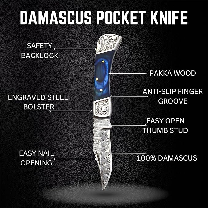 Handmade Damascus Pocket Knife for Men - 7.2 Inches Engraved Steel Damascus Folding Pocket Knife with Belt Holster - Pocket Knives & Folding Knives with Sheath & Back Lock - EDC Knife Pocket.(Blue)