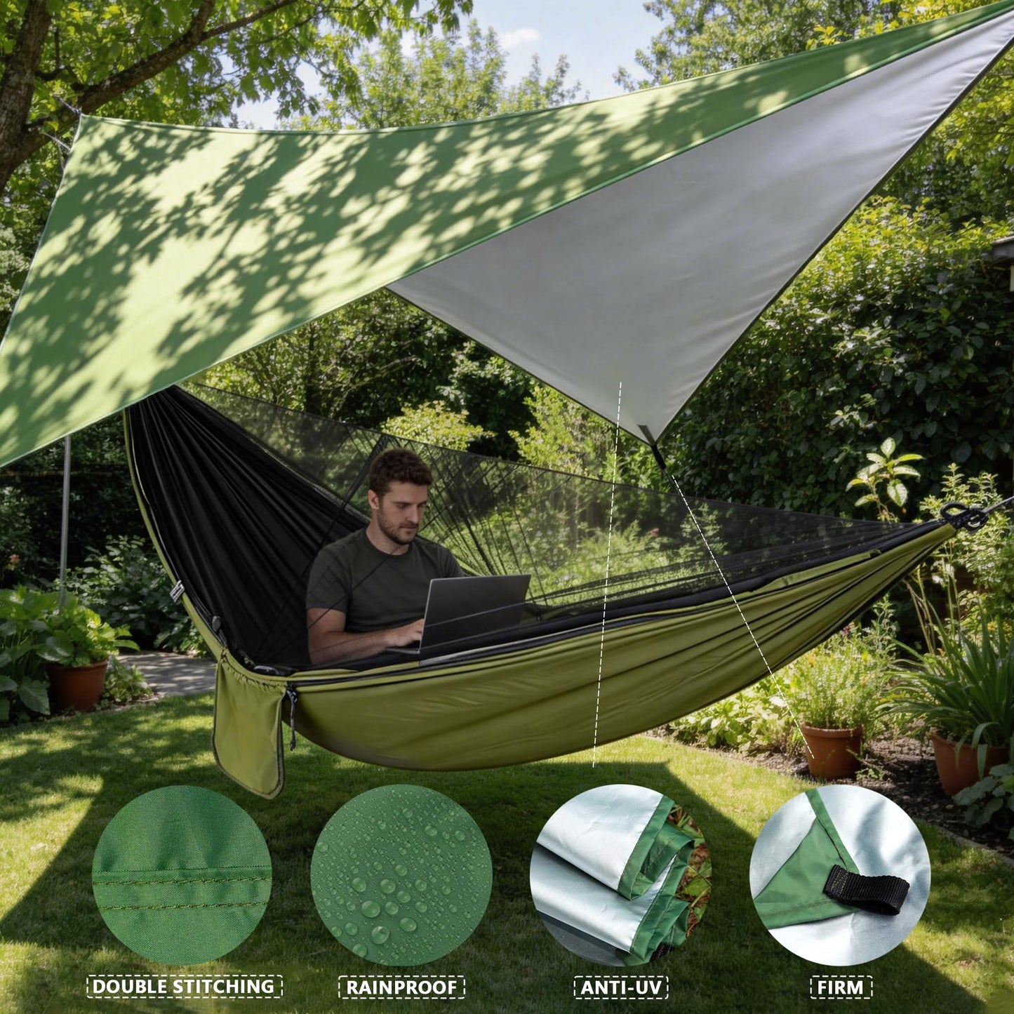 Ovyuzhen Camping Hammock with Rain Fly Tarp Mosquito Net Heavy Duty Tree Straps Portable Double
