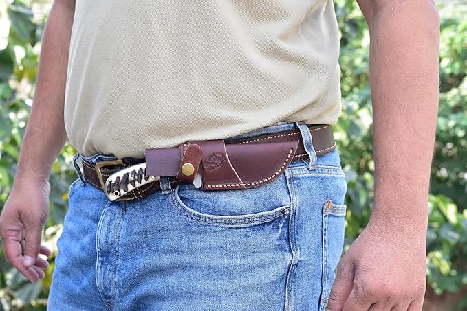 Knives Ranch Handmade Damascus Steel Gut-Hook Skinning Knife ??8.5" Full Tang Fixed Blade Outdoor Knife with Ram?™s Horn Handle & Heavy-Duty Leather Sheath ??Hunting, Bushcraft, Camping, Survival, Cowboy Ranch (2048-RH)