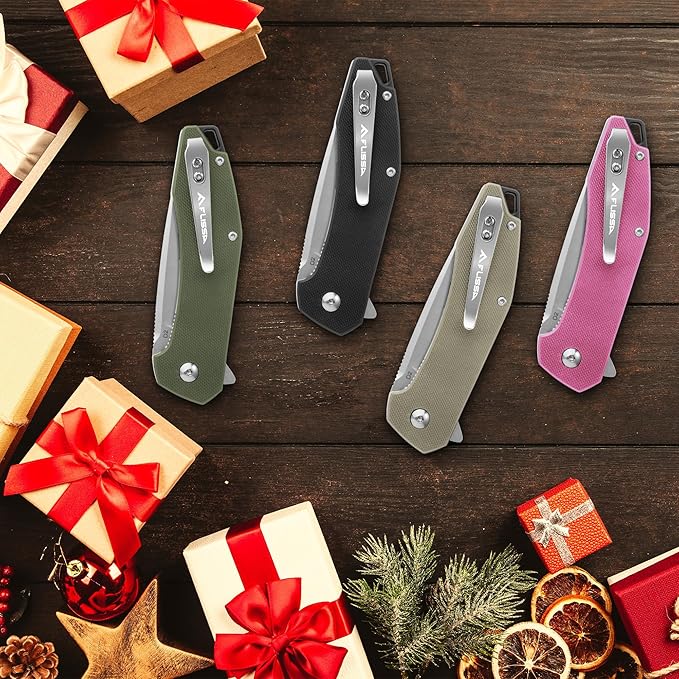 FLISSA Pocket Knife, Folding Tactical Knife with G10 Handle, D2 Blade, Liner Lock, Pocket Clip, EDC Knife for Hiking, Camping, Survival, Indoor and Outdoor Activities(Green)