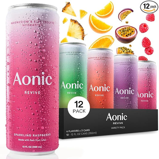 Aonic Revive Electrolyte Drink for Hydration & Recovery, No Added Sugar, Caffeine-Free with Magnesium,B Vitamins Naturally Flavored- 12 Fl Oz Cans (12-Pack), Variety - Pineapple, Raspberry, Orange & Passionfruit