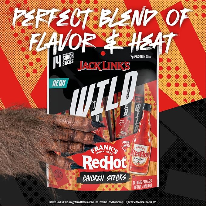 Jack Link's Wild Mini Chicken Sticks Made with Frank's RedHot Flavor – 7g of Protein Snacks, On The Go Snacking, Keto & Paleo Snack, Carnivore Diet Ready, Individually Wrapped – 0.5 Oz. (14 Count)