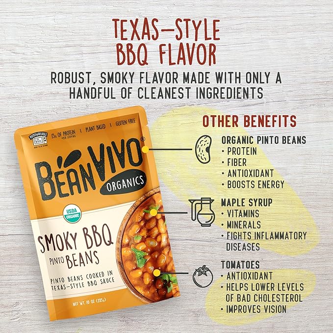 BeanVIVO (Pack of 6) Organics 15g Plant based Protein BBQ Pinto Beans - Good Source of Fiber - Nutritious & Microwave Meals - Gluten-Free Plant Food - 10 oz