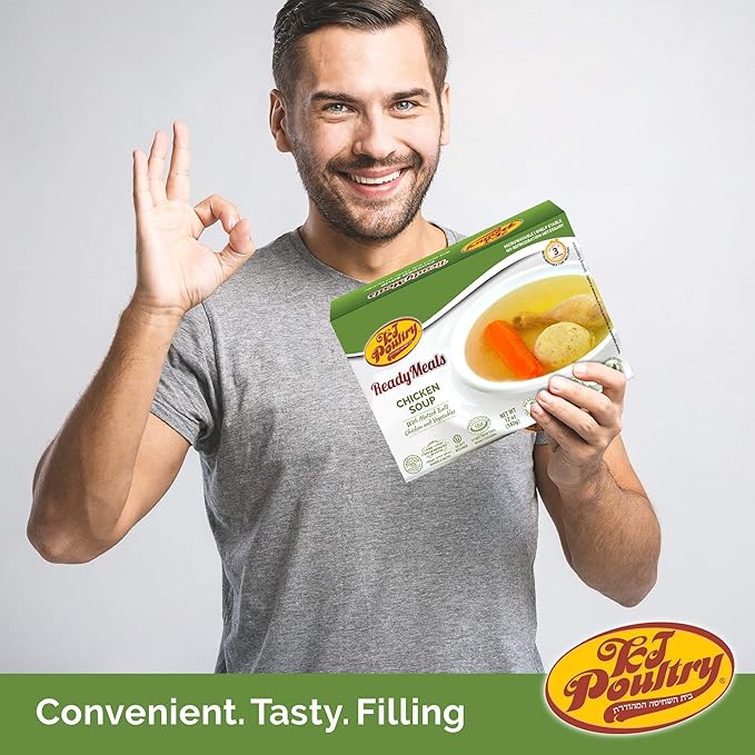 KJ Poultry Kosher Ready Meals - Matza Ball Chicken Soup & Vegetables, CHOMETZ NOT for PASSOVER, MRE Meat Meals Ready to Eat, Shabbos Food, Halal, (1 Pack) Cooked Entree, Shelf Stable Microwave Dinner