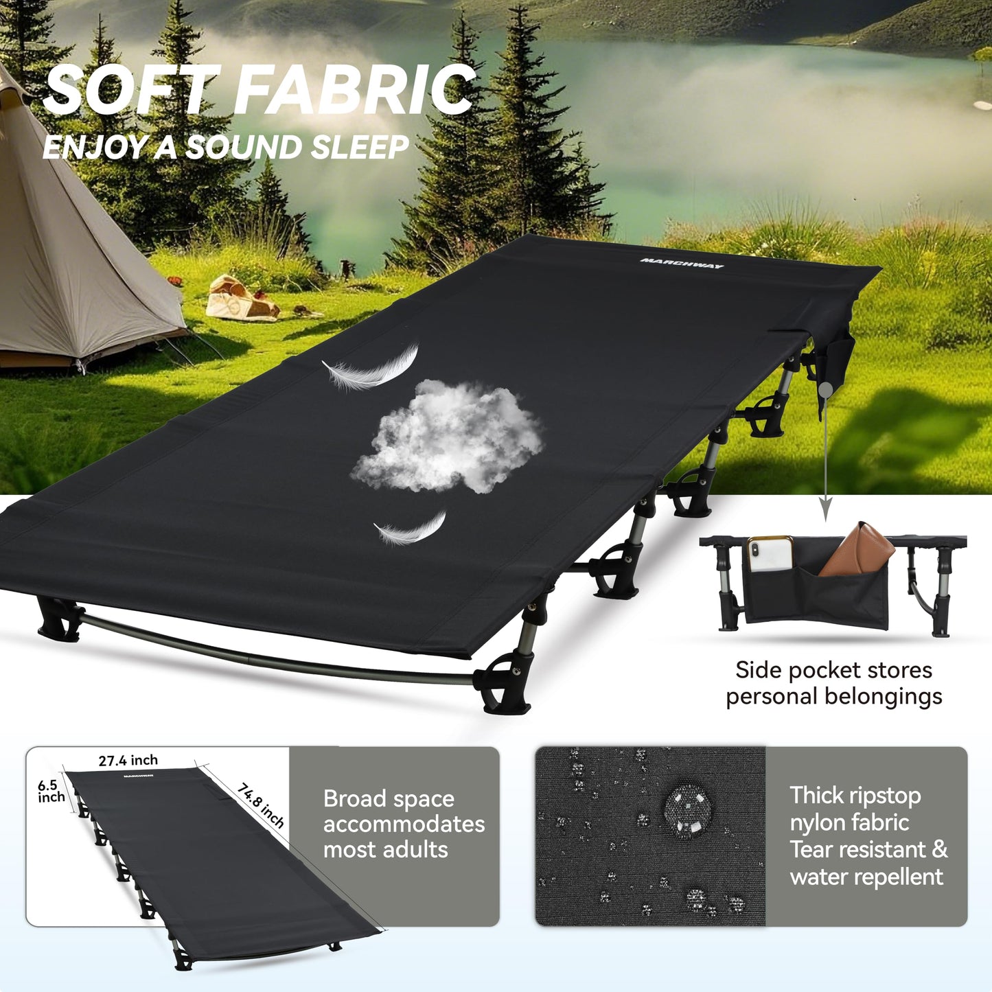 MARCHWAY Ultralight Folding Tent Camping Cot Bed, Portable Compact for Outdoor Travel, Base Camp