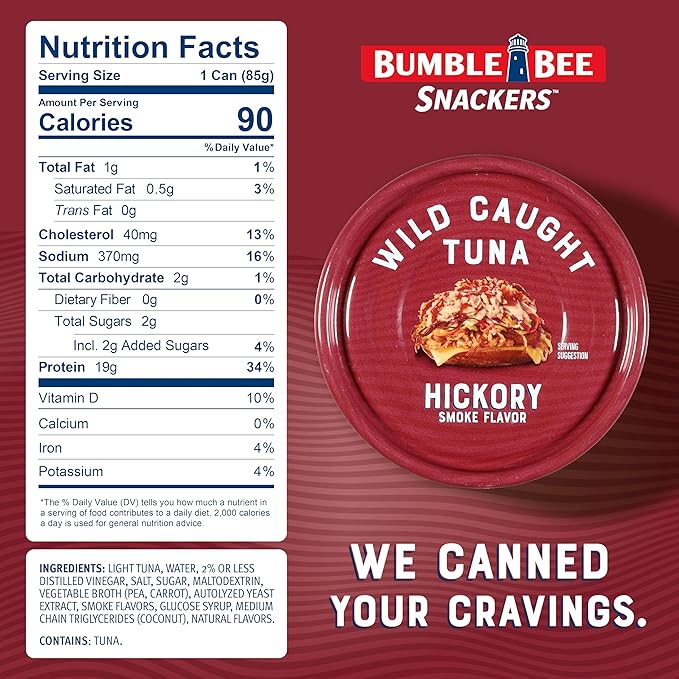 Bumble Bee Snackers - Hickory Smoke Tuna, 3 oz Easy Open Can - 19g Protein per Serving - Wild Caught Skipjack Chunk Light Tuna Pack - No Draining, Ready to Eat