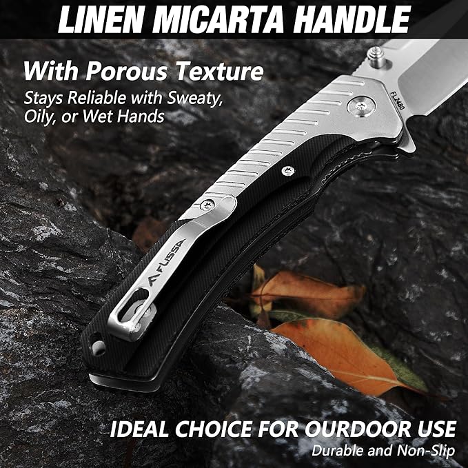 FLISSA Pocket Knife with 3.35" 14C28N Steel Blade, Liner Lock Folding Knife with Micarta Handle for EDC, Camping, Hiking, Outdoor Activities, Gift for Men and Women