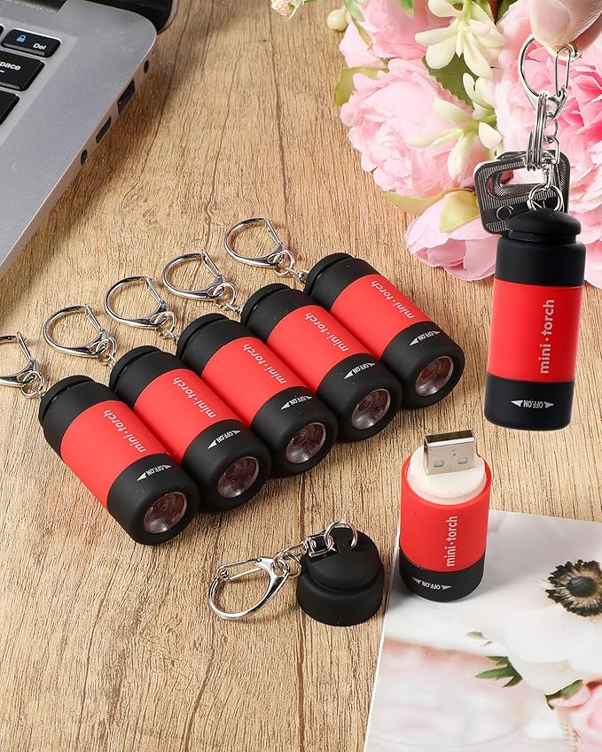 Mudder 12 Pieces Mini Keychain Flashlight Rechargeable Operation Christmas Bulk Plastic Small Torch Flashlight Handheld LED USB Rechargeable Waterproof for Camping Hiking Favor(White Light in Red)
