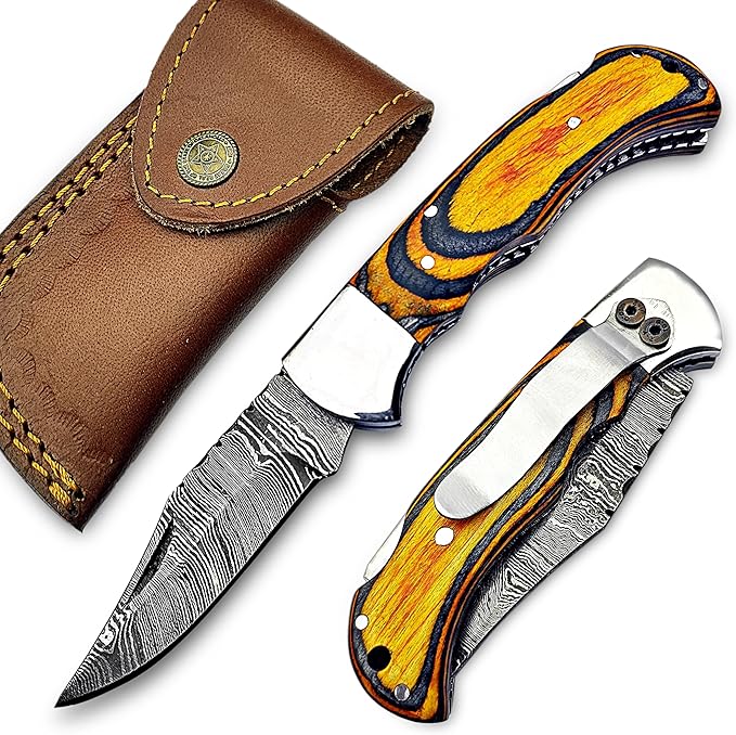 6.5 inch Damascus Pocket Knife with Sheath, Handmade Folding Pocket Knife for Men, Black-Red Wooden Handle with Brass Bolster, Secure Lock Back Camping Knife for EDC,Hunting,Hiking (Yellow)