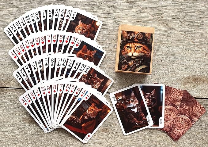 Steampunk Cats Playing Cards (Poker Deck 54 Cards All Different) Cats Working in Steampunk Office in Dieselpunk Machinery SciFi Posters