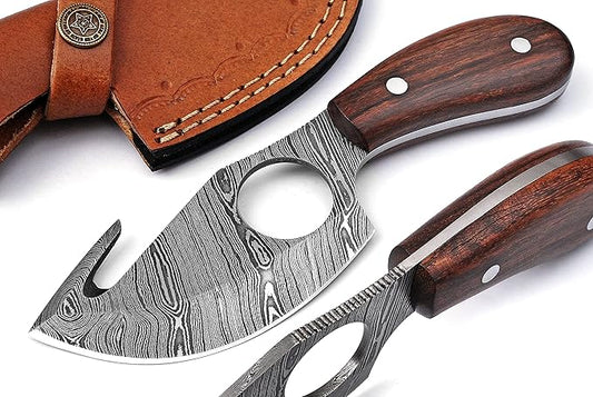 Handmade Damascus Steel Fixed Blade Skinning Hunting Knife With Gut Hook Best For Outdoor Camping Skinner Deer Fishing Hiking Edc Survival Knives For Men (Rose Wood)