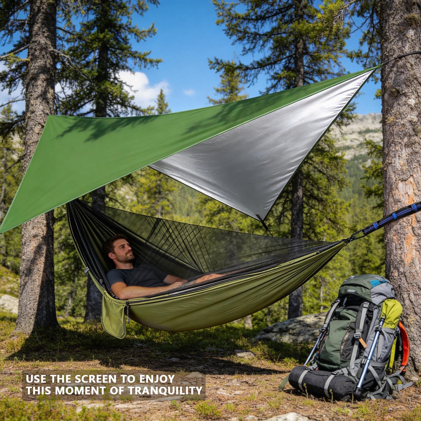 Ovyuzhen Camping Hammock with Rain Fly Tarp Mosquito Net Heavy Duty Tree Straps Portable Double